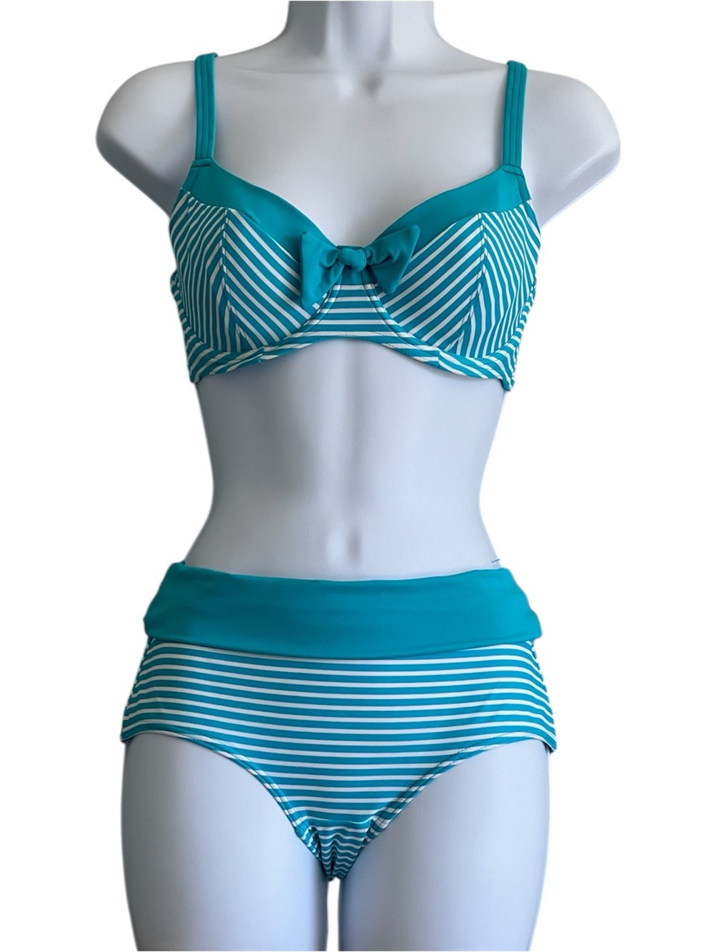 Freya Bra Sized Bikini Set Teal Striped Underwire Swimwear 34D Top S Bottom NWOT